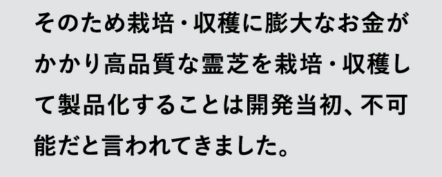 そのため栽培・収穫に膨大なお金がかかり高品質な霊芝を栽培・収穫して製品化することは開発当初、不可能だと言われてきました。