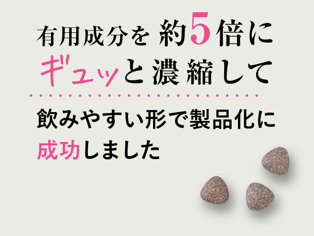 有用成分を約5倍にギュッと濃縮して飲みやすい形で製品化に成功しました